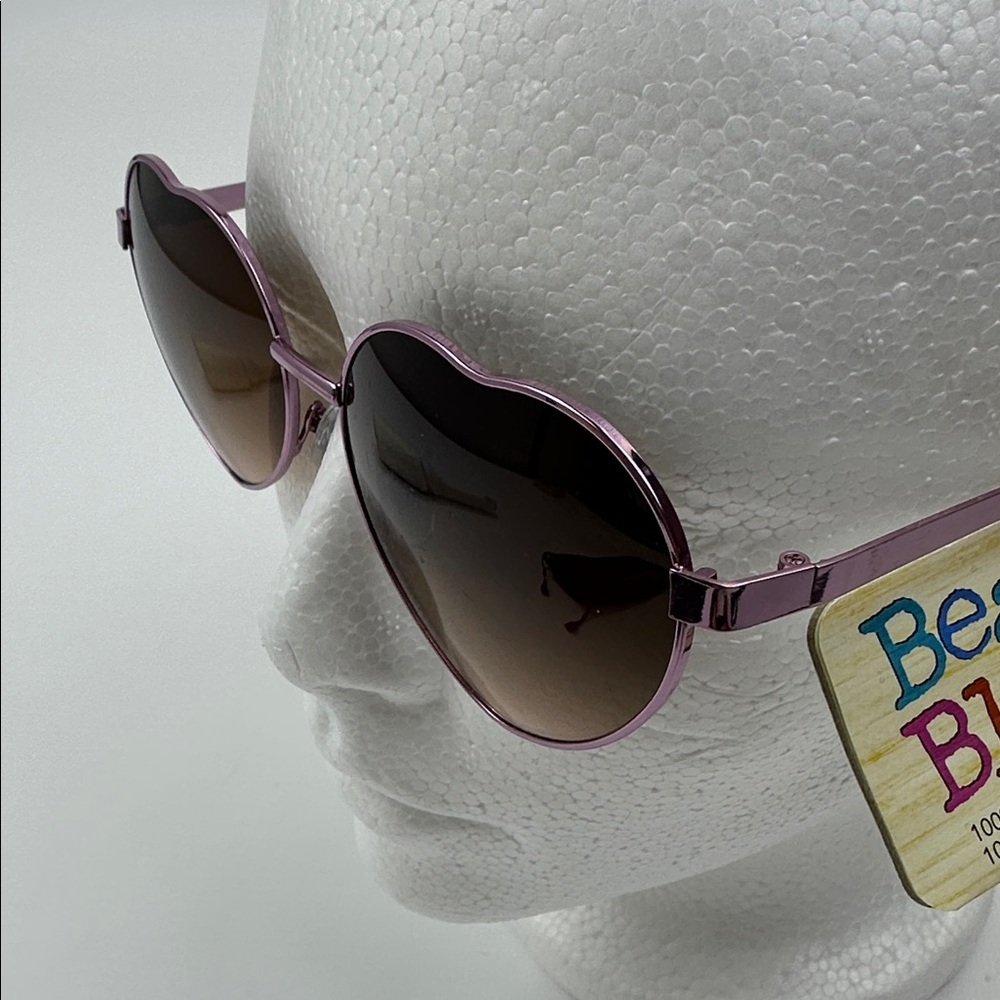 Heart Shaped Sunglasses. Beach Blast. Pink Metal Frames with Amber Lenses.